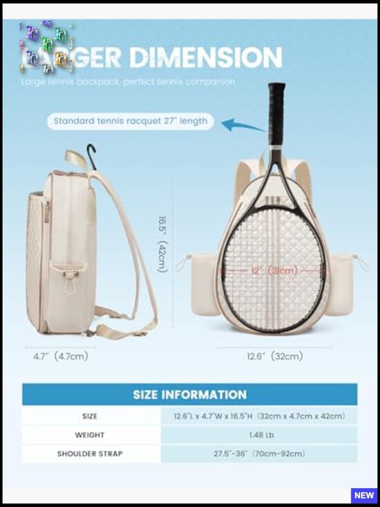 Quilted Tennis Sling Crossbody Backpack Water Resistant Racket Bag for Women Men main image 5